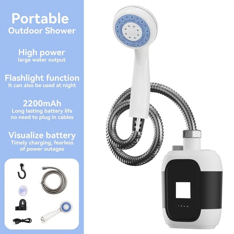 Bluejw Outdoor Camping Shower Portable Rechargeable Electric Shower Pump with Light - High Pressure Handheld Shower Head for Hiking, Travel, and Beach - Waterproof - Image 3